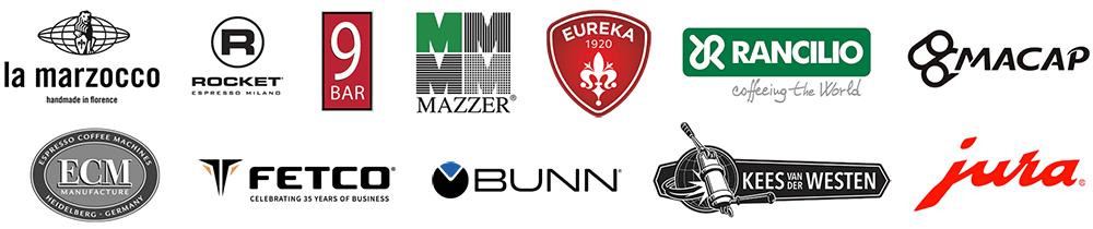 Brand Logos of Some Machines We Accept for Servicing - La Marzocco, Rocket, 9 Bar, Mazzer, Eureka, Rancillio Macap, Jura, ECM, BUNN, Fetco, Kees van der Westen